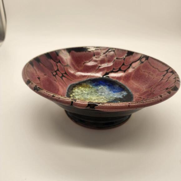 Signed Studio Art Pottery Bowl 10” Raku Crackle Glaze Pink Blue Wall Hanging